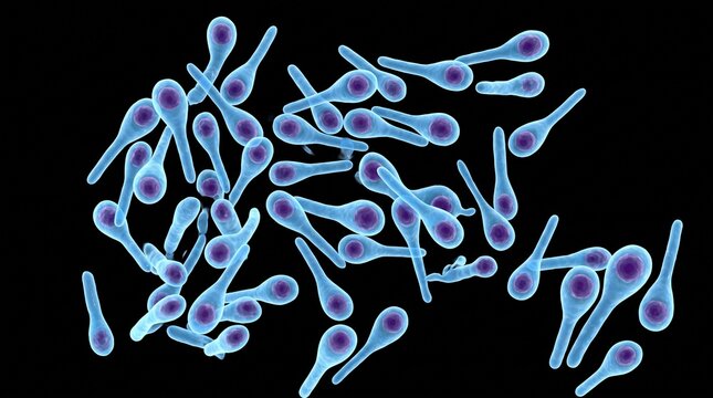 Microscopic blue drumstick shaped Clostridium tetani bacteria cells