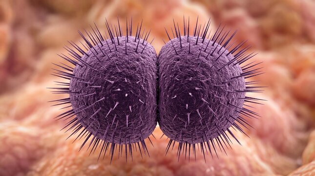 Microscopic 3D rendering of purple spiked bacteria cells