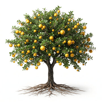 Kei Apple tree, mature thorny tree bearing bright yellow kei apples, exposed visible roots, 11 ratio, isolated on seamless pure white background