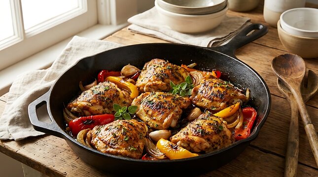Roasted chicken thighs with bell peppers and mushrooms in a black cast iron skillet on wood table. Chipotle chicken recipe