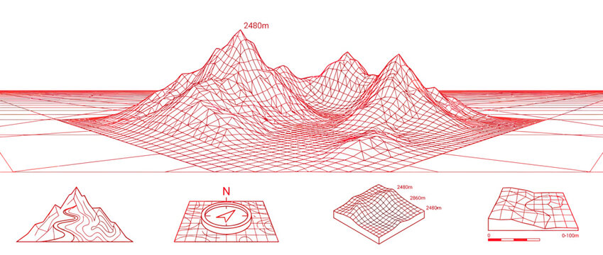 Wireframe 3D Mountain Topography Map Illustration
