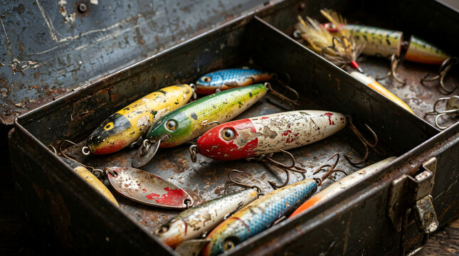 Vintage fishing lures in an old metal tackle box on wooden surface  