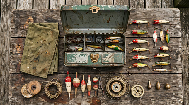 Vintage fishing tackle box with equipment and lures on wooden table  