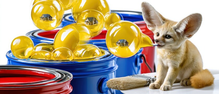 Fennec fox blowing bubbles near paint cans in a creative setting