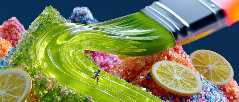 Colorful candy landscape with paint brush blending bright green river and tiny figure walking on candy hills