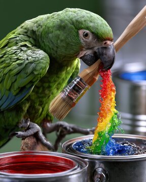 Parrot using a paintbrush to add color to paint cans in a creative setting