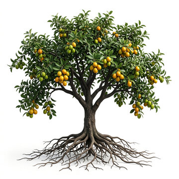 Ziziphus mauritiana tree, mature full tree bearing sweet round Ziziphus fruits, exposed visible roots, 11 ratio, isolated on seamless pure white background
