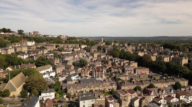 Aerial drone view of Clevedon town and historic architecture, Somerset, England