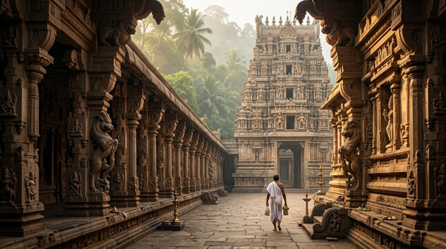 Hindu priest walking towards a majestic ancient Dravidian temple gopuram with intricate carvings