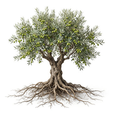 Manzanillo Olive tree, mature full tree bearing round green Manzanillo olives, exposed visible roots, 11 ratio, isolated on seamless pure white background
