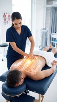 Professional female therapist giving a relaxing back massage to a man on a table in a bright medical clinic