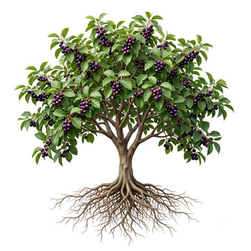 Grewia (Phalsa) tree, mature full tree bearing abundant deep purple Phalsa berries, exposed visible roots, 11 ratio, isolated on seamless pure white background