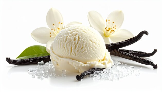 Vanilla ice cream scoop with real vanilla pods and white flowers isolated on white background