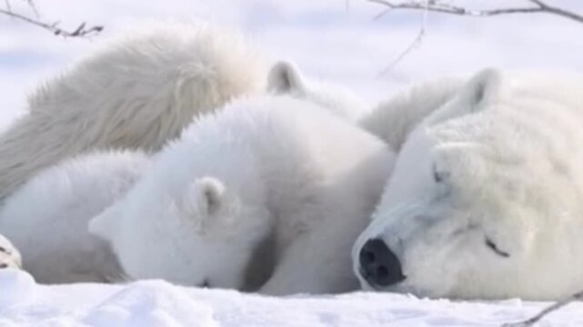A mother polar bear resting in the snow with her small cub in the Arctic