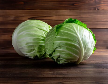 Fresh green cabbage head on wooden table top.