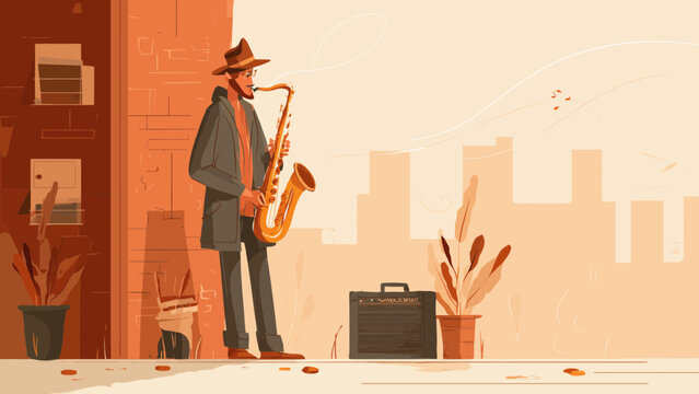 Saxophonist playing music on a city street next to an amplifier.
