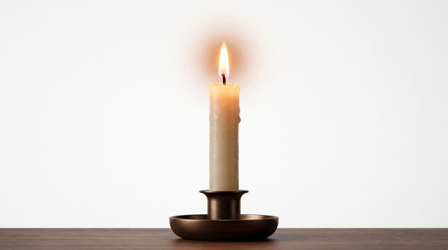 A single lit candle in a bronze candlestick holder on a wooden table against a white background