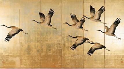 Naklejka premium Traditional Japanese Style Painting of Flying Cranes on Gold Leaf