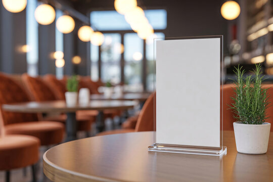 Blank white acrylic table tent sign on a wooden table in a blurred restaurant interior