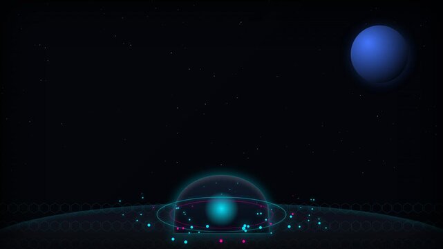 Lunar Research Base: A futuristic glowing dome structure situated on a dark planetary surface against a starry space background featuring a prominent blue planet.