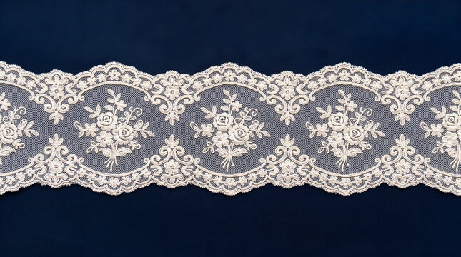Elegant cream-colored floral lace trim with delicate embroidered rose patterns and scalloped edges, showcasing a continuous decorative textile design for sophisticated embellishment projects