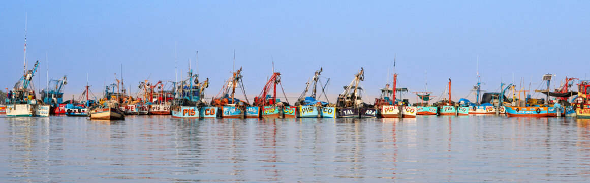Fishing boats in Paracas national park in beautiful colors, Peru