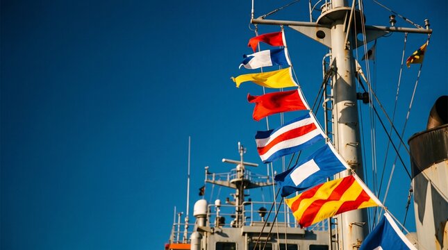Bright colorful nautical semaphore flags on a ship signal mast flutter against a clear deep blue sky in warm sunlight for maritime safety and navigation concept