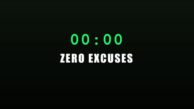 Zero excuses digital countdown timer display for motivational fitness and business performance goals animation 4k