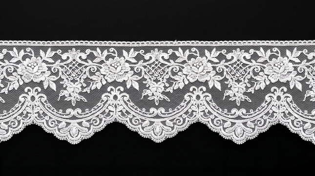 Elegant white floral lace trim with intricate rose patterns and delicate scalloped border perfect for bridal gowns, fashion design, and decorative crafts