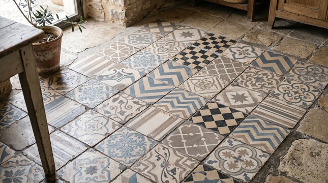 Rustic interior floor with patterned cement tiles and stone