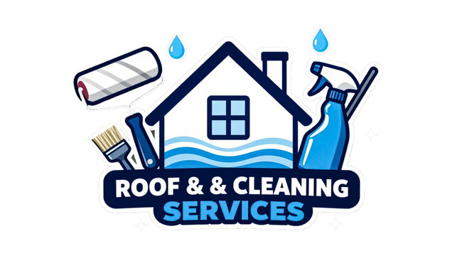 Roof and cleaning services logo, professional house maintenance icon, residential power washing and painting graphic on white background