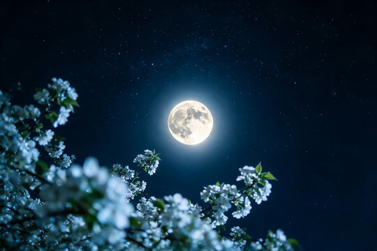 Full moon glowing in starry night sky, white cherry blossoms in moonlight, ethereal spring landscape with blooming flowers