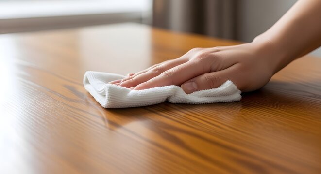Hand wiping a shiny wooden table with a white cloth, demonstrating cleaning and hygiene