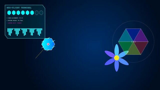 Drone pollination is simulated within a digital environment displaying mechanical flight path telemetry and visual data tracking over a vibrant blue flower floating in dark space