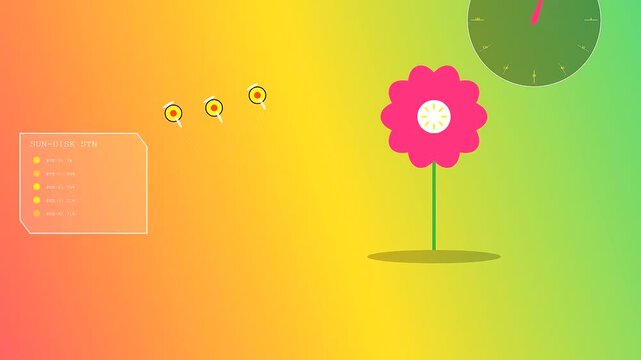 Drone pollination is simulated through small robotic units hovering near a vibrant pink floral bloom within a digital interface featuring gradient hues and spinning indicators