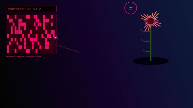 Drone pollination visualized through a digital interface showing geometric botanical patterns and data loading bars for futuristic agricultural observation systems in a dark environment