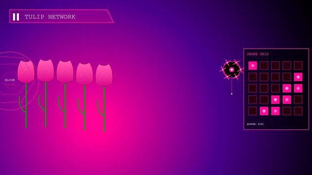 Digital drone pollination tracking system with automated flower growth monitoring interface featuring glowing pink petals and pixelated grid elements for agricultural remote data analytics research