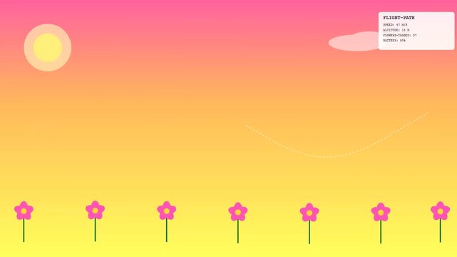 Autonomous drone pollination flying across a flat field of pink flowers while gathering data within a digital simulation environment that features a vibrant yellow orange sky