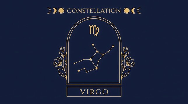 Virgo zodiac sign constellation vector illustration with gold floral frame and moon phases on dark blue background