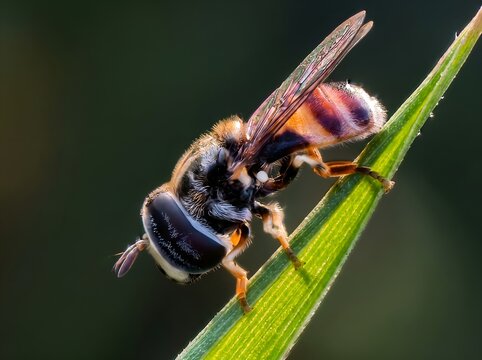 Macro Shot of Hoverfly Resting on Green Grass Leaf Against Dark Background