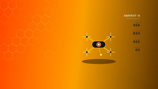 Innovative drone pollination systems operating in a digital space with floating data metrics displayed in a minimalist environment featuring orange gradients and hexagonal pattern motifs