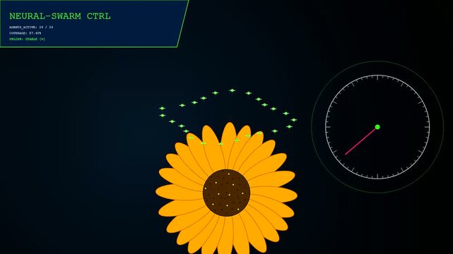 Drone pollination is simulated using a swarm of small floating light points moving in circular patterns above a vibrant yellow sunflower in this digital interface display