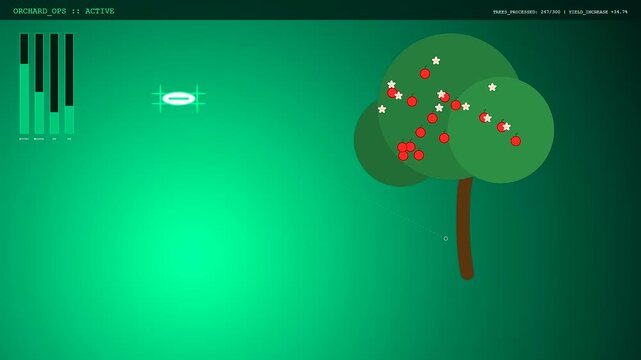 Digital drone pollination system operating in a virtual orchard simulation showing automated maintenance of fruit trees with ripening red berries and white blossoms against green