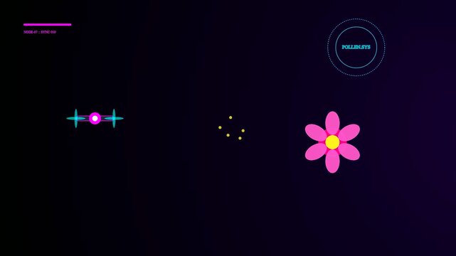 Minimalist drone pollination simulation featuring a hovering remote aerial device moving yellow particulate matter toward a static pink floral blossom on a deep dark void