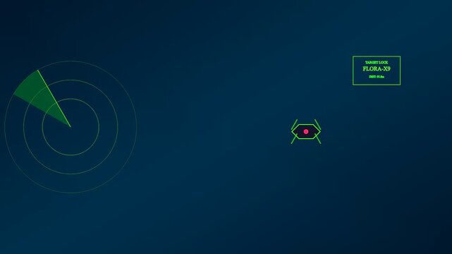 Drone pollination is monitored via a glowing digital interface featuring rotating circular radar scans and a central target locking element within a dark blue display screen