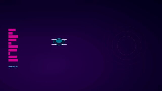 Innovative drone pollination systems display abstract data bars and circular target overlays in this dark futuristic user interface view showing robotic flight path tracking mechanics