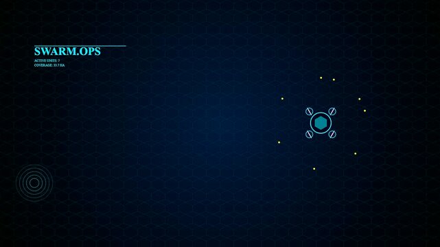 Digital drone pollination tracking system displays yellow dots orbiting a glowing central geometric hub within a dark hexagonal grid pattern for advanced aerial observation operations