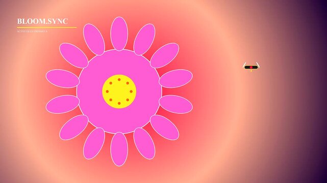 Innovative drone pollination process showing a small robotic vehicle hovering near a stylized pink flower icon against a vibrant glowing orange radial gradient display