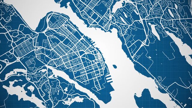 Ink reveal animation of Halifax city, Nova Scotia (NS), Canada grid map. Aerial top view. Blueprint style. White lines with blue background. 4K Seamless loop.