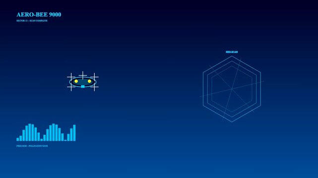 A digital drone pollination interface displays flight patterns and radar tracking metrics within a glowing blue aerial surveying system for automated botanical monitor data collection tasks